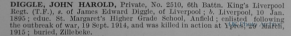 Diggle J H Pte 2510 6th Kings Liverpool Regiment Obit