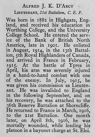DArcy A J K Lt 21st CEF Obit Bank Of Montreal Memorial Of The Great War