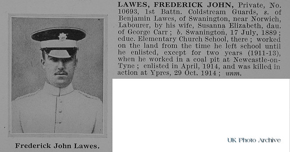Lawes F J Pte 10693 1st Coldstream Guards Obit