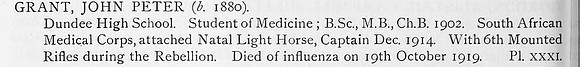 Grant J P Captain South African Medical Corps Obit