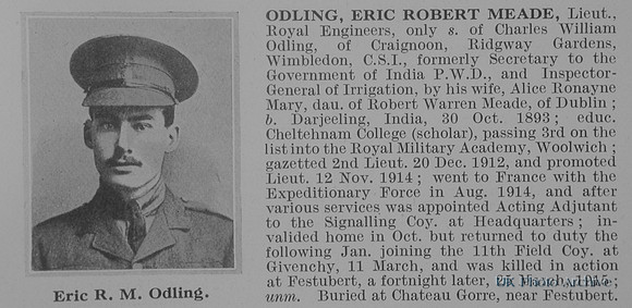 Odling E R M Lt Royal Engineers Obit De Ruvignys Roll Of Honour Vol 1