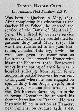Craig T H Lt 52nd CEF Obit Bank Of Montreal Memorial Of The Great War
