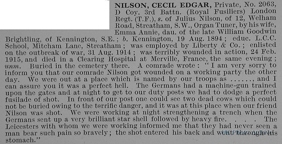 Nilson C E Pte 2063 3rd London Regiment