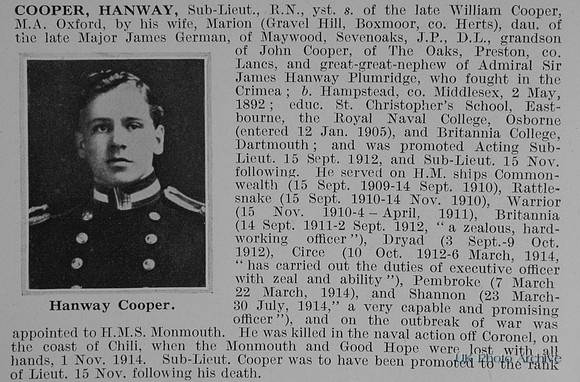 Cooper H Sub Lt HMS Monmouth Royal Navy Obit