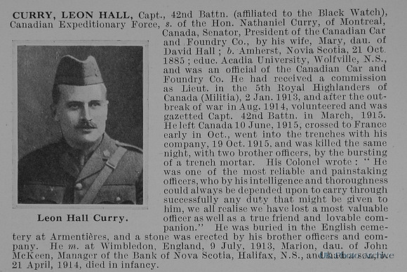 Curry L H Captain 42nd Canadian Expeditionary Force Obit