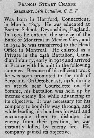 Chaese F S Sergt 66229 24th Canadian Infantry Obit Bank Of Montreal Memorial Of The Great War