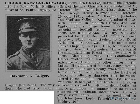 Ledger R K Lt 6th Rifle Brigade Attd 1st Royal Welsh Fusiliers Obit