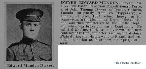 Dwyer E M Pte 1077 8th Canadian Expeditionary Force Obit