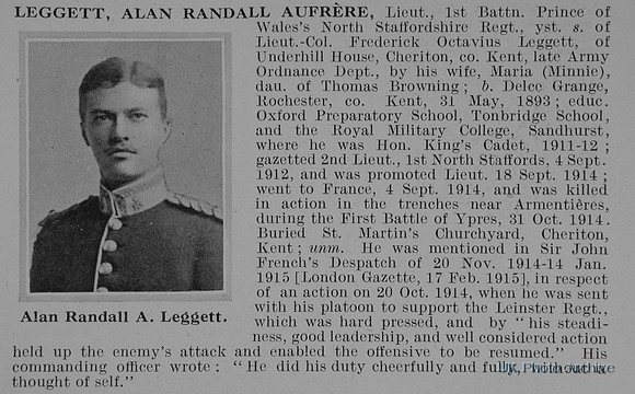Leggett A R A Lt 1st North Staffs Regiment Obit