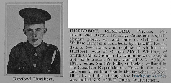 Hurlbert R Pte 10773 2nd Canadian Expeditionary Force Obit