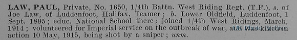 Law P Pte 1650 4th West Riding Regiment Obit
