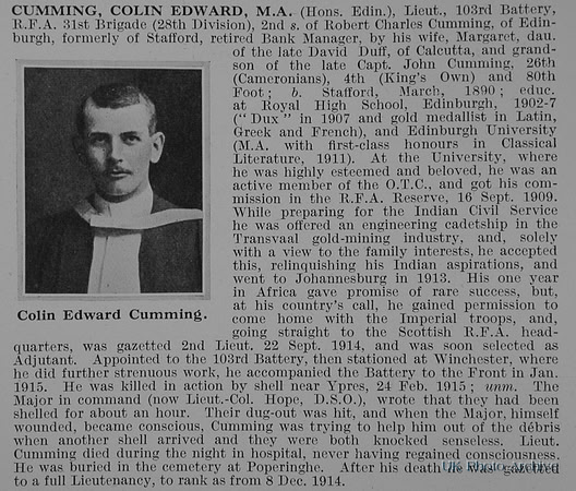 Cumming C E Lt Royal Field Artillery Obit