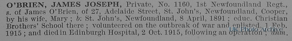 O'Brien J J Pte 110 1st Newfoundland Regiment Obit De Ruvignys Roll Of Honour Vol 1