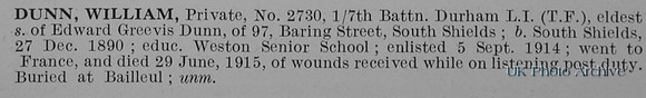 Dunn W Pte 2730 7th Durham Light Infantry Obit