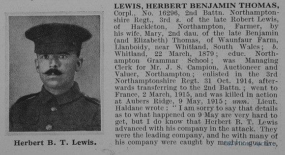 Lewis H B T Cpl 16296 2nd Northamptonshire Regiment Obit Part 1