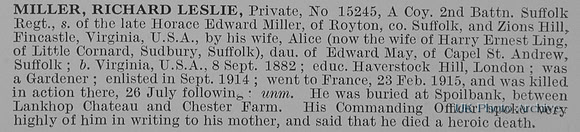 Miller R L Pte 15245 2nd Suffolk Regiment Obit