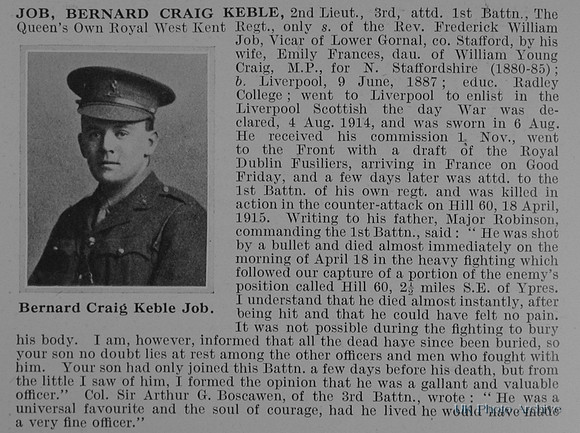 Job B C K 2nd Lt 1st Royal West Kent Regiment Obit