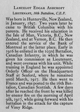 Ashcroft L E Lt 16th CEF Obit