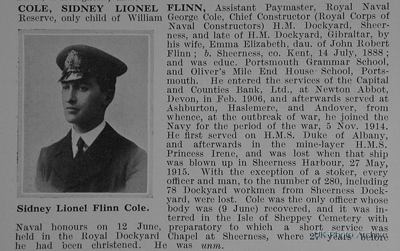 Cole S L F Asst Paymaster HMS Princess Irene Royal Naval Reserve Obit