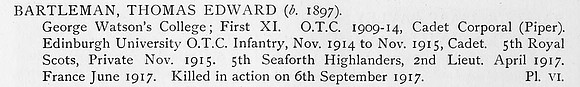Bartleman T E 2nd Lt 5th Seaforth Highlanders Obit