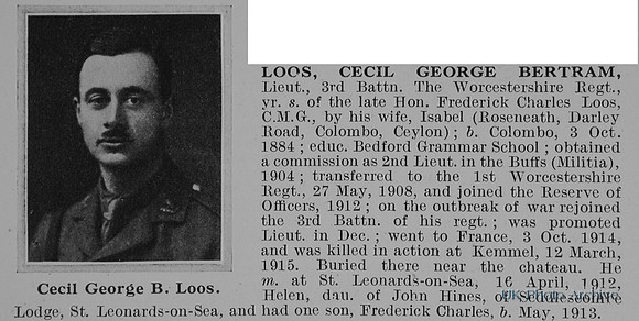 Loos C G B Lt 3rd Worcestershire Regiment Obit