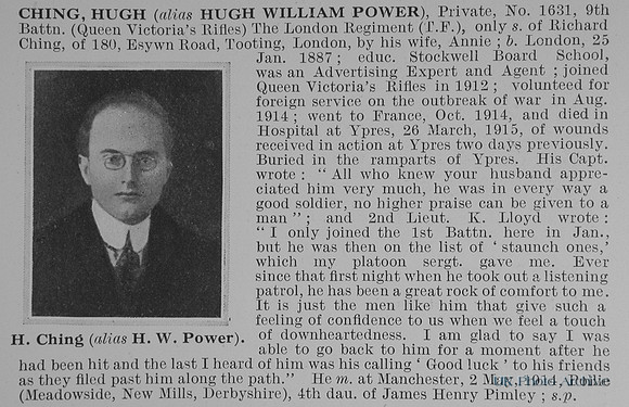 Ching H Pte 1631 9th London Regiment Obit