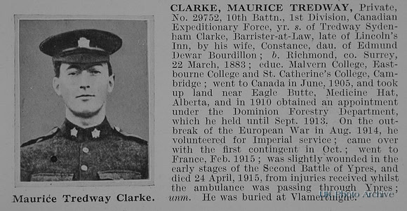 Clarke M T Pte 29752 10th Canadian Infantry Obit De Ruvignys Roll Of Honour Vol 1