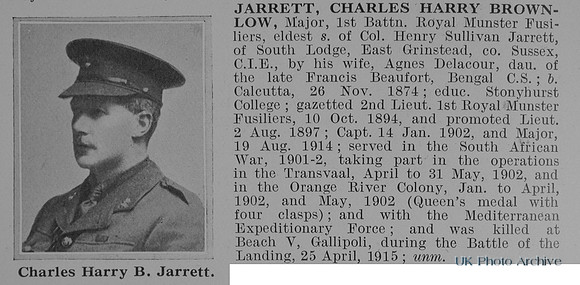Jarrett C H B Major 1st Royal Munster Fusiliers Obit