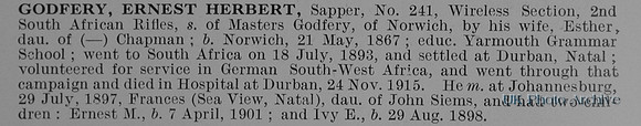 Godfrey E H Sapper 241 2nd South African Rifles Obit