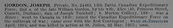 Gordon J Pte 24483 13th Canadian Expeditionary Force Obit