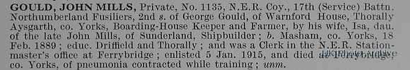 Gould J M Pte 1135 17th Northumberland Fusiliers Obit