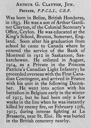 Clayton A G Pte 1800 PPCLI Obit Bank Of Montreal Memorial Of The Great War
