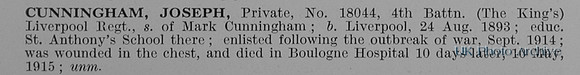 Cunningham J Pte 18044 4th Kings Liverpool Regiment Obit
