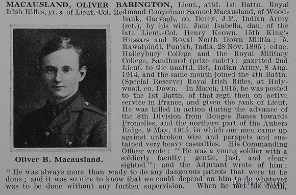 Macausland O B Lt 1st Royal Irish Rifles Obit Part 1