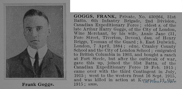 Goggs F Pte 430264 31st Canadian Expeditionary Force Obit