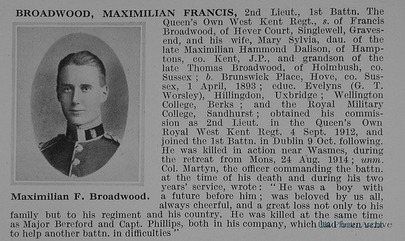 Broadwood M F 2nd Lt 1st Royal West Kent Regiment Obit