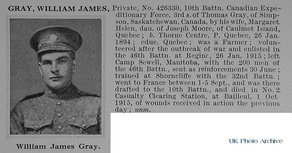 Gray W J Pte 426330 10th Canadian Expeditionary Force Obit