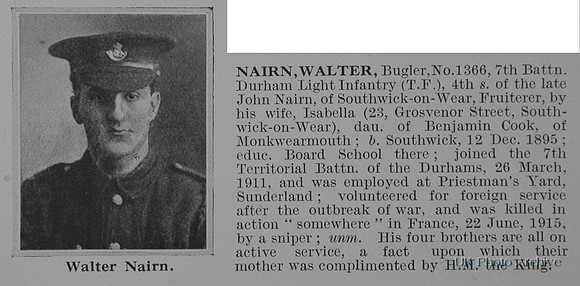 Nairn W Bugler 1366 7th Durham Light Infantry Obit