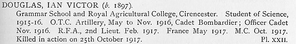 Douglas I V 2nd Lt MC Royal Field Artillery Obit