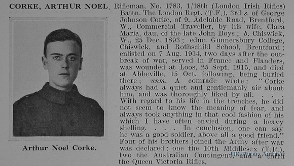 Corke A N Rfn 1783 18th London Regiment Obit