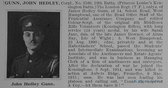 Gunn J H Cpl 3160 13th London Regiment Obit