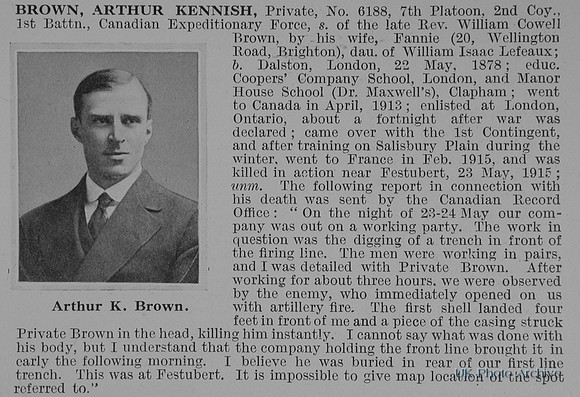 Brown A K Pte 6188 1st Canadian Expeditionary Force Obit