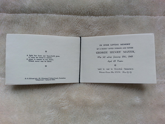 Memorial Card George Henry Mayer Died 1949 Aged 65 Croydon Cemetery