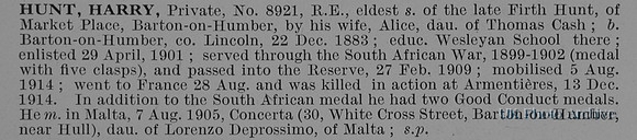 Hunt H Pte 8921 Royal Engineers Obit