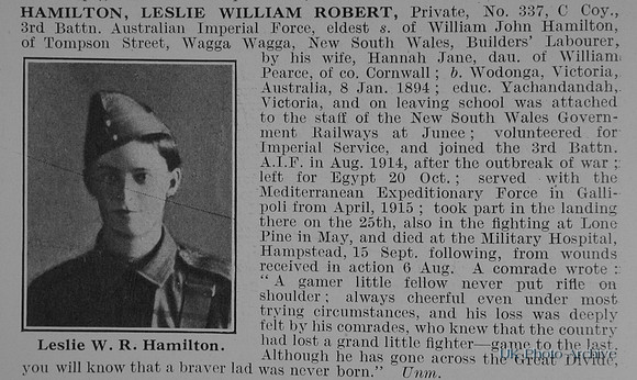 Hamilton L W R Pte 337 3rd Australain Imperial Force Obit
