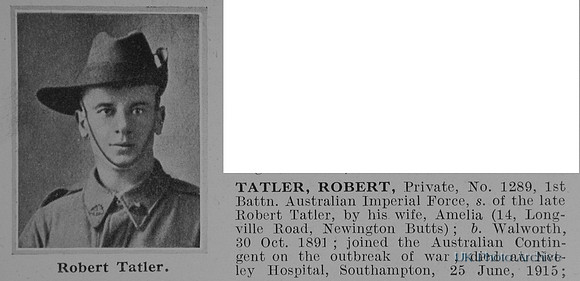 Tatler R Pte 1289 1st Australian Imperial Force Obit