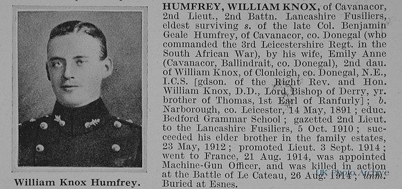 Humfrey W K 2nd Lt 2nd Lancashire Fusiliers Obit