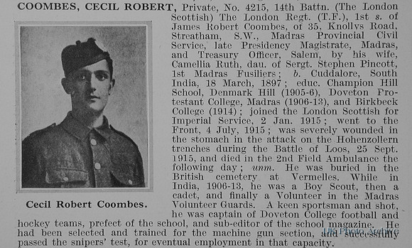 Coombes C R Pte 4215 14th London Regiment Obit