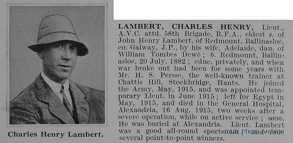 Lambert C H Lt Army Veterinary Corps Attd Royal Field Artillery Obit