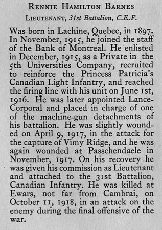 Barnes R H Lt 31st CEF Obit